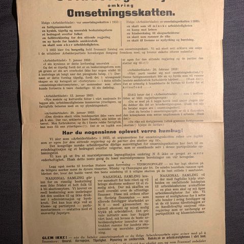 Nasjonal Samling oppslag fra 1936. Sjeldent oppslag. Vidkun Quisling. NS.