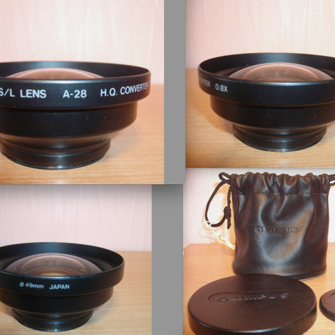 OLYMPUS IS/L A-28 0.8X 49MM H.Q CONVERTER LENS & BAG~FRONT CAP~REAR CAP