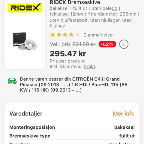 Et sett med bremseskiver og klosser til Citroën selges