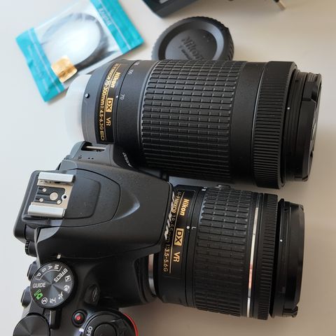 Nikon D3500 med 2 objektiver + makro objektiv / filter