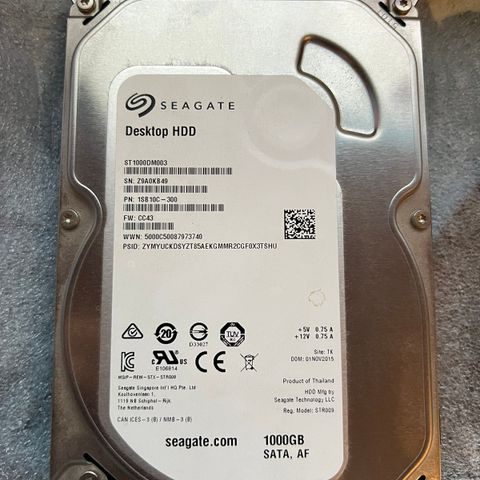 Seagate Desktop HDD 1000GB (ST1000DM003) SATA AF Harddisk Brukt: 300KR x2