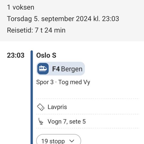 Togbillett Oslo-Bergen 5. sept