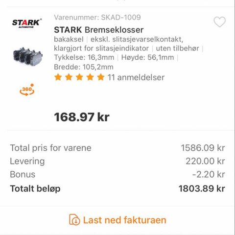 Nye bremser til touran 1.6tdi 2010-2015 mod.