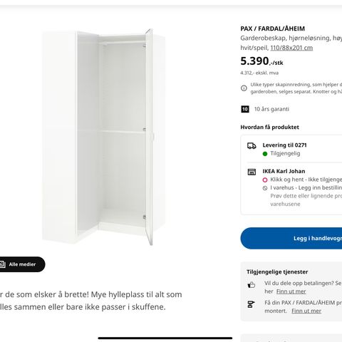 IKEA pax garderobe hjørne gis bort mot henting