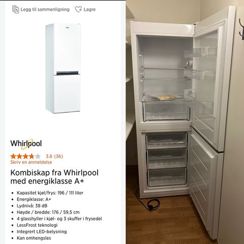 Whirlpool kombiskap kjøl/frys 196/111 liter - pent brukt