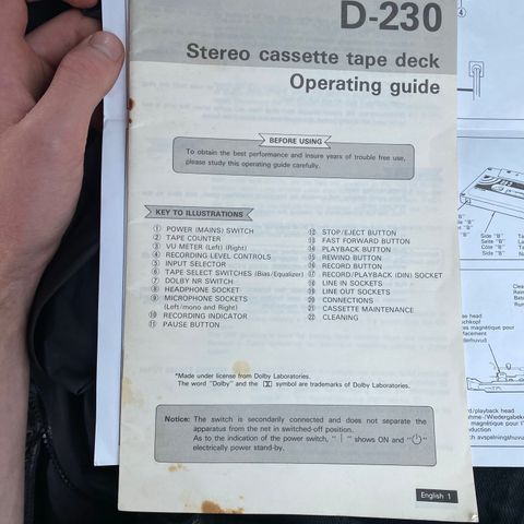 Hitachi d-230 kassettspiller manual