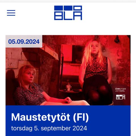 Maustetytöt-konsert på Blå 5. september - 1 billett