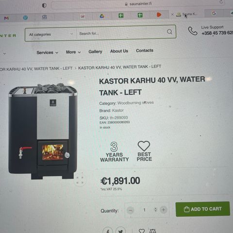 Vedfyrt badstuovn Kastor Karhu 22 med vanntank selges.