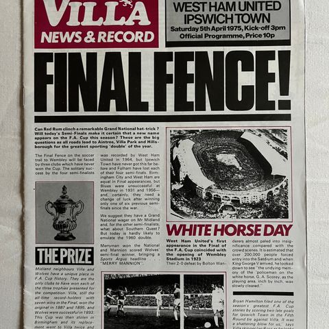 Program West Ham - Ipswich  FA Cup Semifinale 1975