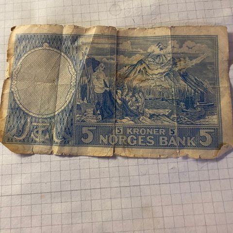 Norsk 5 krone seddel fra 1952