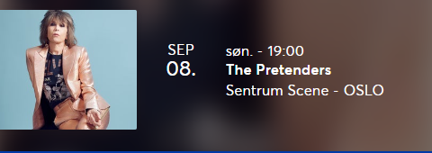 Pretenders - 1 billett til søndag 08.09.24 på Sentrum Scene