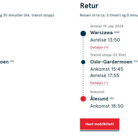 Flybillett Ålesund-Oslo-Warsawa tur-retur 17.-19. september