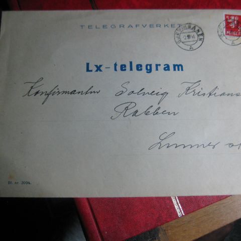 LX Telegram stemplet Gjøvikbanen  1944