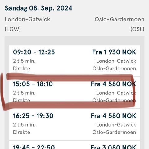 Flybilletter London - Oslo søndag 8 september