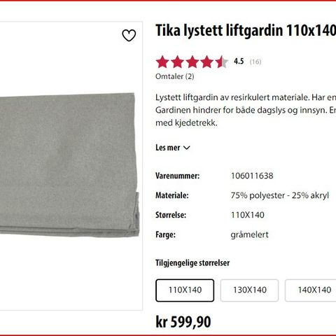 Tika lystett liftgardin 110x140 gråmelert