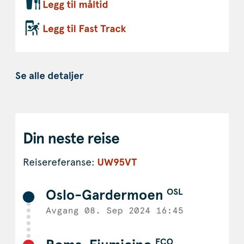 Flybillett til Roma 8.sept, fra Oslo, kl 16.45