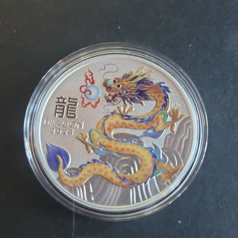 1 oz rent sølv Year of the dragon 2024 farget yellow