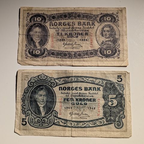 5 krone 1943 (V) og 10 krone 1939 (Z)