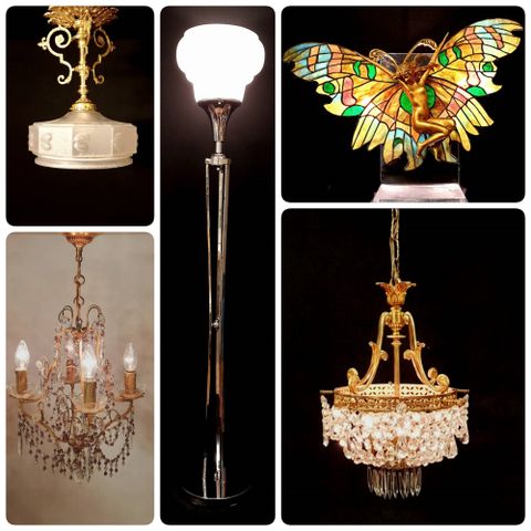 Gammel lampe, kuppellampe, gulvlampe, sommerfugl, lysekrone, fransk