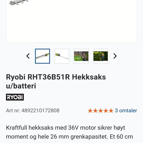 Ryobi RHT36B51R Hekksaks m batt. og lader, selges til under en tredel av nypris