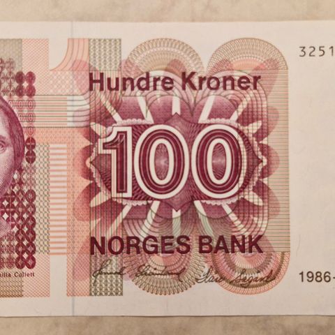 Seddel: 100 kr 1986-VI Camilla Collett