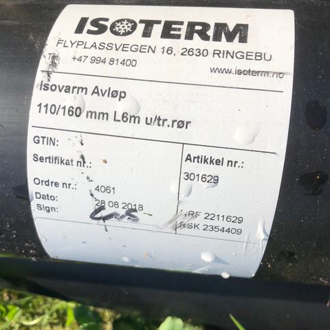 Isoterm Avløpsrør 110 mm  m/ bend