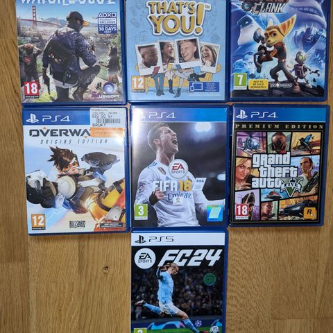 PlayStation 4 og 5 Spill GTA, Fifa 24, Overwatch