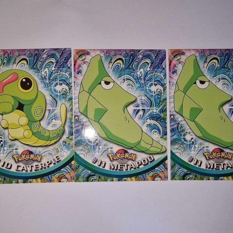 Pokemon 1999 Topps TV - Caterpie og 2x Metapod Blue Logo