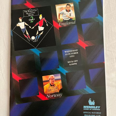 Program  England - Norge VM Kvalifisering Fotball 1992