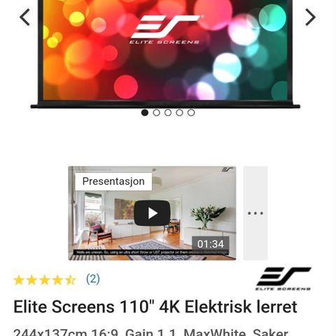 Tilnærmet ubrukt 110" elektrisk lerret fra Elite Screens