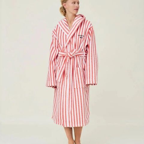 Lexington Striped Cotton-Mix Hoodie Robe Coral/White str L