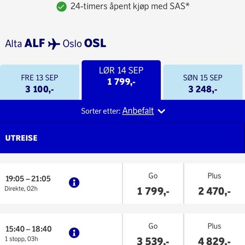 Alta - Oslo 14 september SAS flybillett