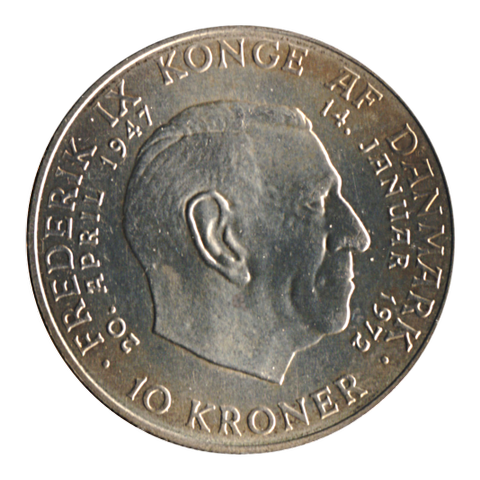 Minnemynt i sølv pålydende 10kr 1972 Danmark