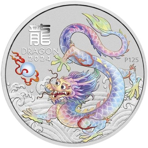 2024 Australia 1 oz Sølv Lunar S3 Year of the Dragon Farget Hvit