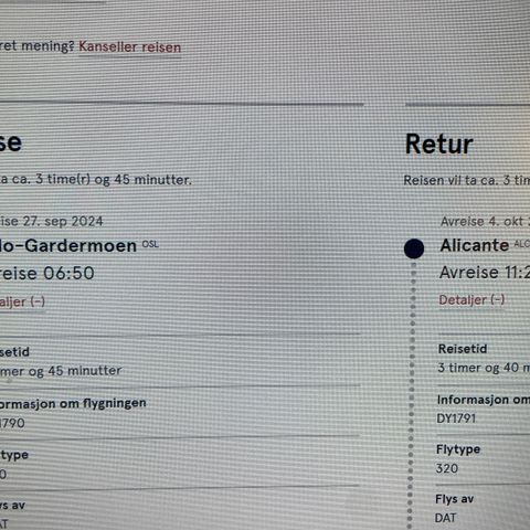 4 flybilletter Oslo -Alicante t/r høstferien
