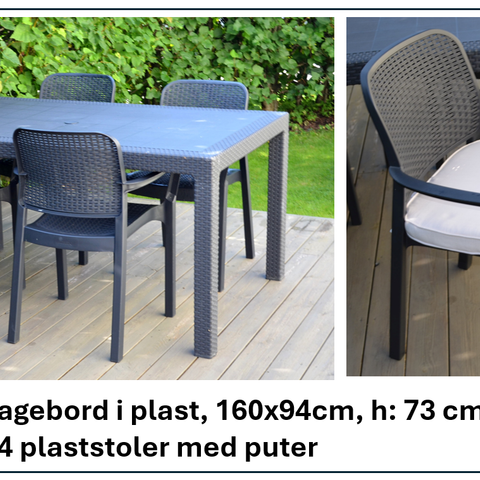 Hagebord i plast og 4 stoler