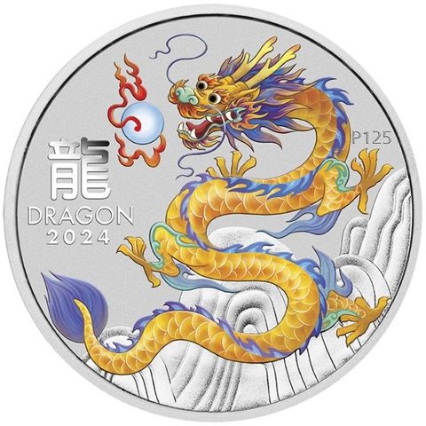 2024 Australia 1 oz Sølv Lunar S3 Year of the Dragon Farget Gul