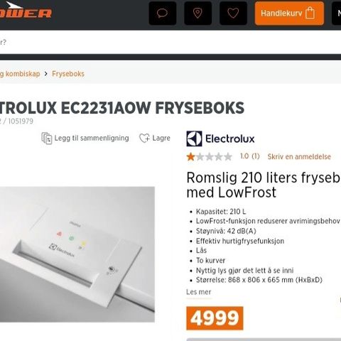 Fryseboks fra Electrolu 210liter