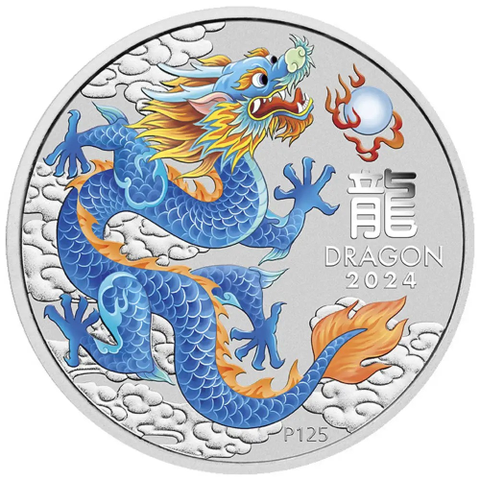 2024 Australia 1 oz Sølv Lunar S3 Year of the Dragon Farget Blå