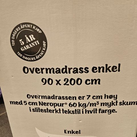 Helt ny overmadrass 90 x200 cm