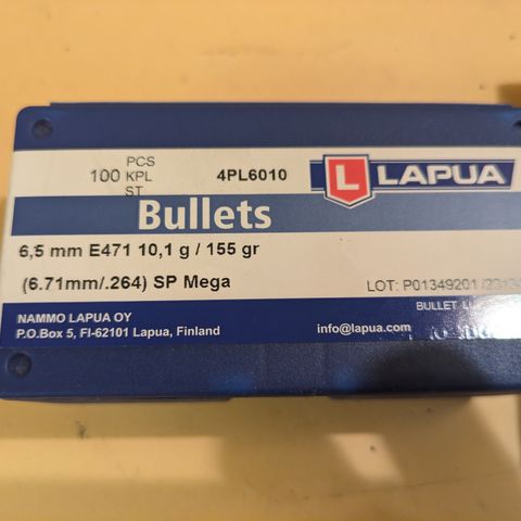 Lapua mega 156gr kaliber 6,5 - Hjemmelading.