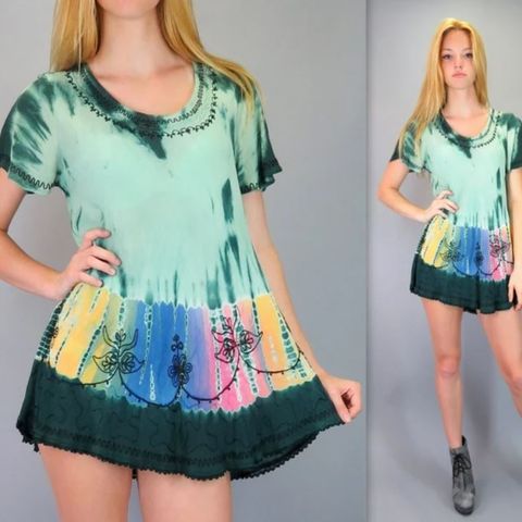 Vintage 90s Tie Dye batikk Mini Dress Tunic Topp kjole Hippie India Ethnic Boho