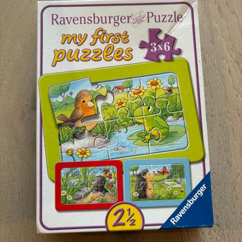 Puslespill Ravensburger 3 stk x 6 biter. Dyremotiver. Pent brukt