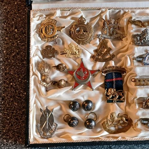 Samling Med Medaljer Insignia og Gamle Knapper