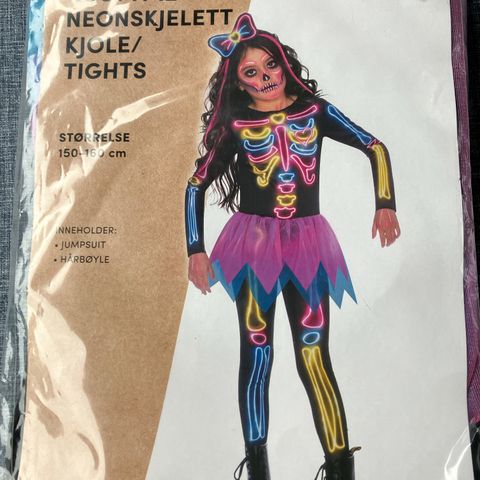 Halloween kostyme - neonskjelett kjole/tights 150-160 cm