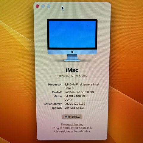 Apple iMac 27" Retina 5K, 64GB DDR4 RAM, 8GB grafikk, 2TB