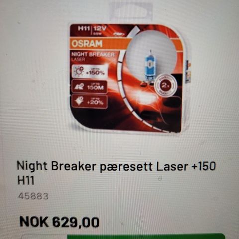 Osram H11 Night Breaker Laser 150% halogenpære 2 stk.