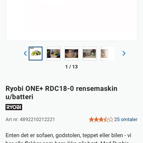 NY PRIS Ryobi ONE+ RDC18-0 rensemaskin u/batteri