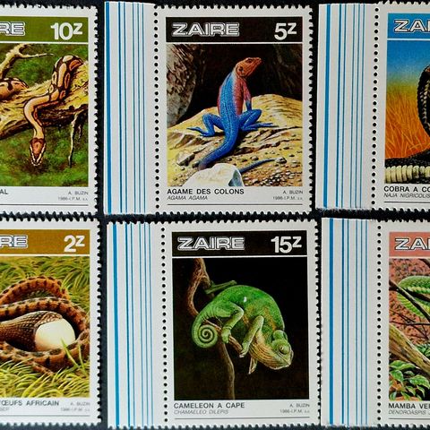 Zaire 1986 Kongo Afrika slanger reptiler 6 frimerker full marginsett