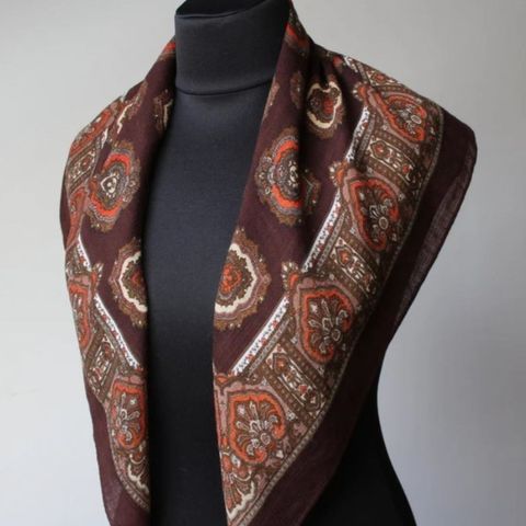 Vintage 70s 100% cashmere ull skjerf brun oransje paisley